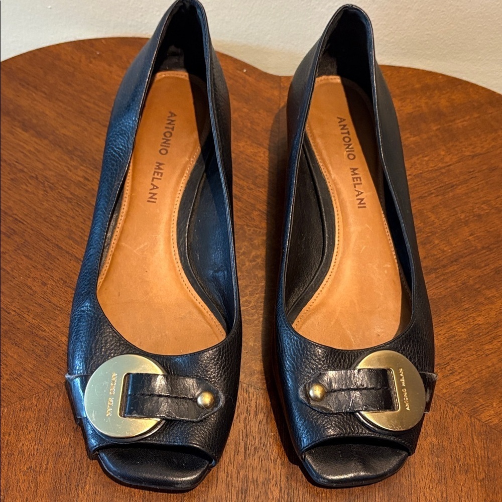 Antonio Melani Black Leather shoes  short wedge heel  gold tone buckle/rivet toe
